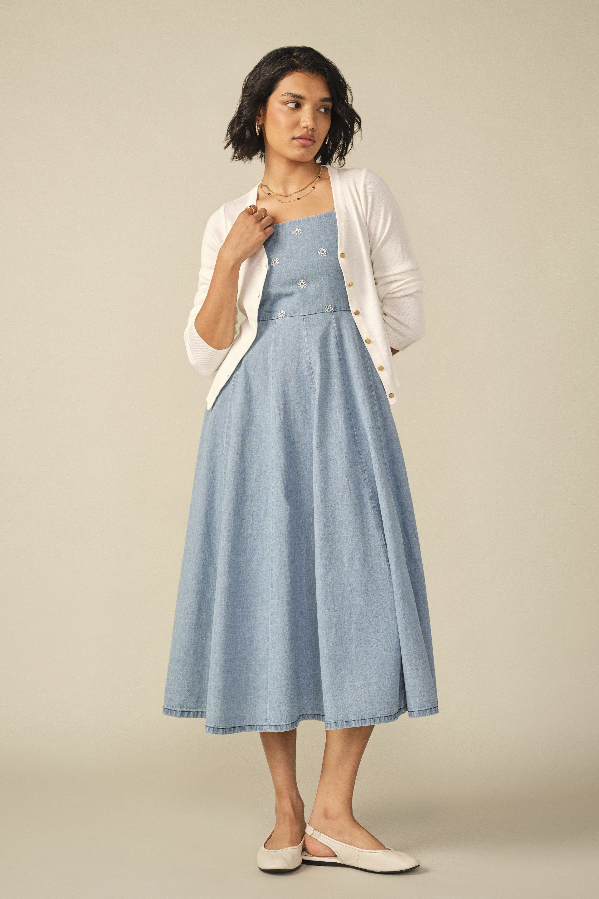 Fit & Flare Embroidered Dress in Light Blue, Light Blue, image 4